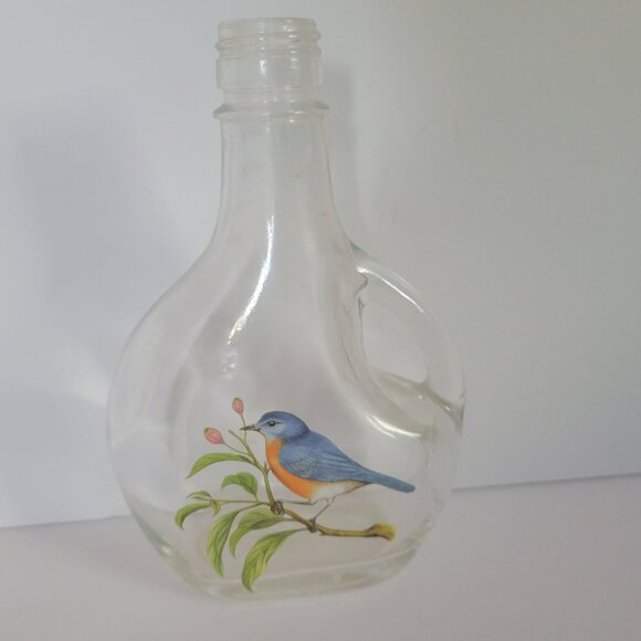 Vintage Clear Glass Bottle With Bluebird Design - Picture 1 of 6